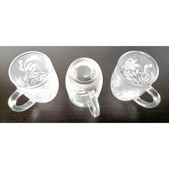 FROSTED FLORAL GLASS COFFEE TEA CUPS MUGS set of 3 Vintage Indonesia KIG Pasari - Picture 3 of 3